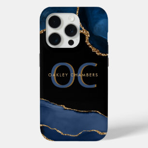 Modern Gold Blue Monogram Navy Black Gold Agate iPhone 15 Pro Case