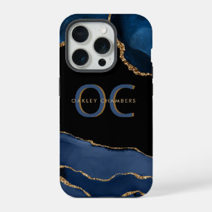 Modern Gold Blue Monogram Navy Black Gold Agate iPhone 15 Pro Case