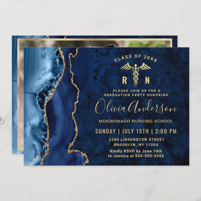 Modern Gold Blue Nursing School Graduation Party Invitation (Front/Back)