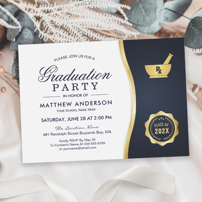 Modern Gold Blue Pharmacy School Graduation Party Invitation (Creator Uploaded)