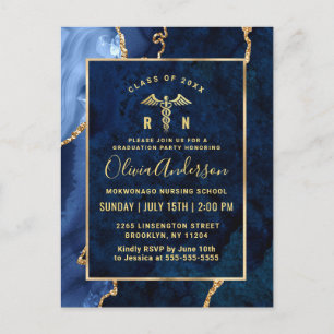 Modern Gold Blue RN Graduation Party Invitation Postcard