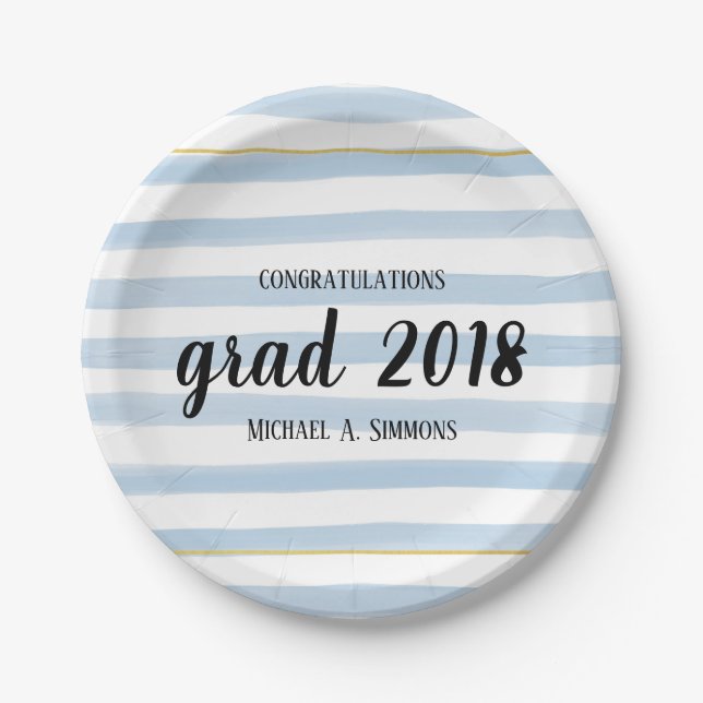 Modern Gold & Blue Striped Graduation Paper Plates (Front)