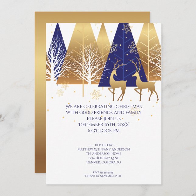 Modern Gold Blue Woodland Deer Invitation (Front/Back)