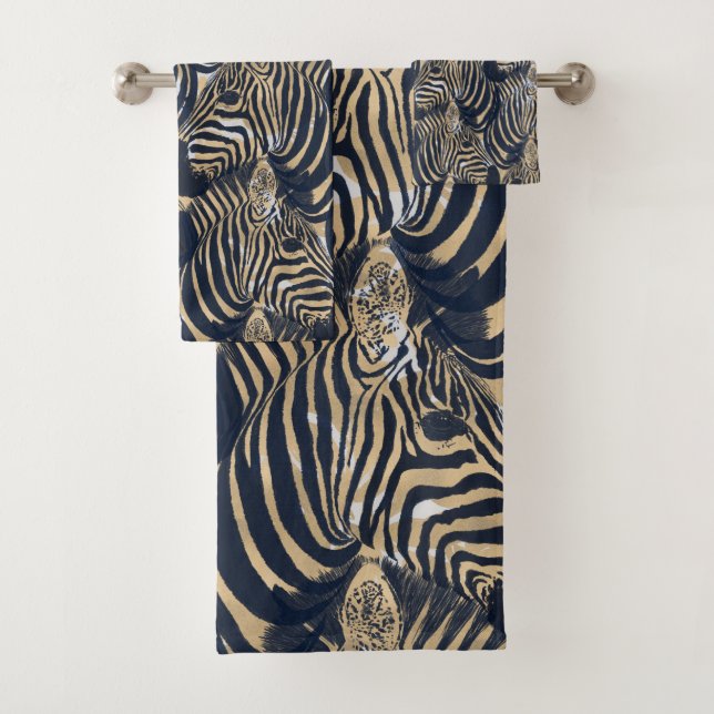 Modern Gold Blue Zebras Print Pattern Bath Towel Set (Insitu)
