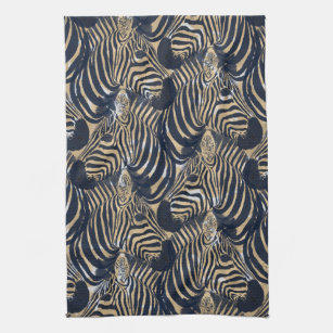 Modern Gold Blue Zebras Print Pattern Tea Towel