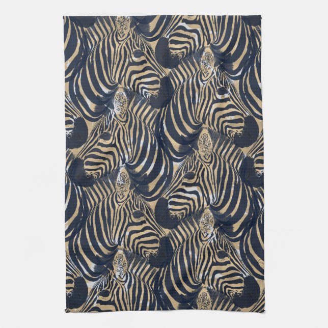 Modern Gold Blue Zebras Print Pattern Tea Towel (Vertical)