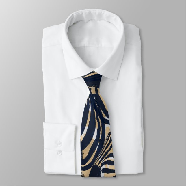 Modern Gold Blue Zebras Print Pattern Tie (Tied)