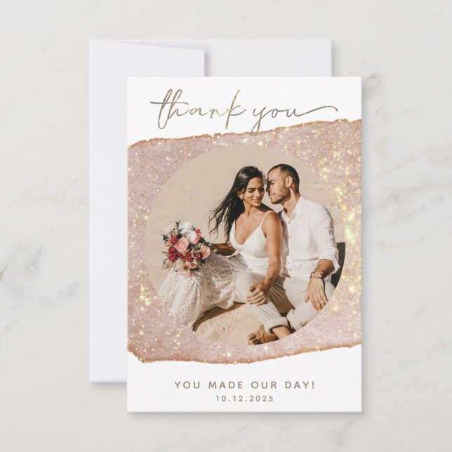Modern Gold Blush Glitter Photo Wedding Thank You Card (Front)
