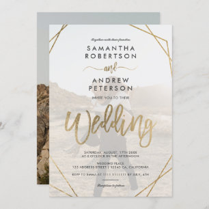 Modern gold boho frame simple photo script wedding invitation