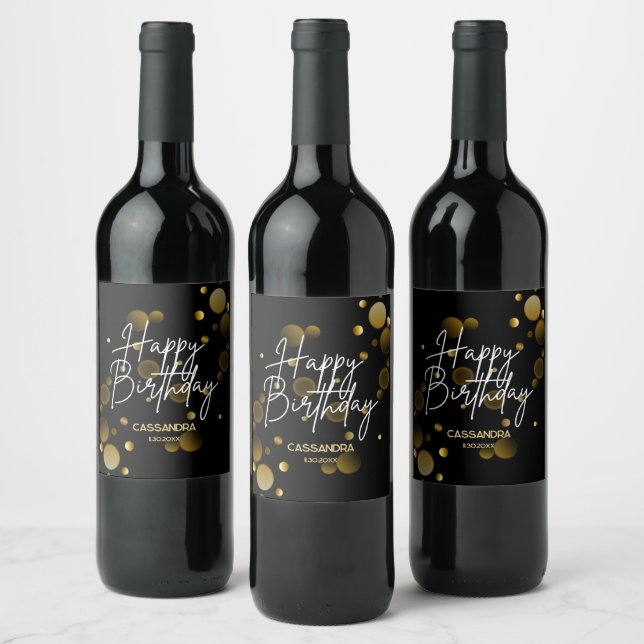 Modern Gold Bokeh Gradient Black Happy Birthday Wine Label (Bottles)