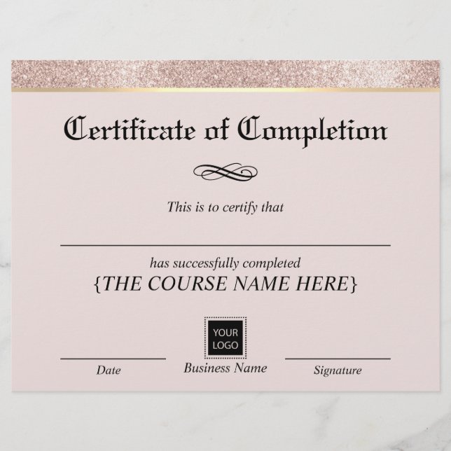 Modern Gold Border Blush Certificate of Completion (Front)