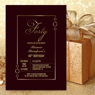 Modern Gold Border Burgundy 40th Birthday Party Invitation