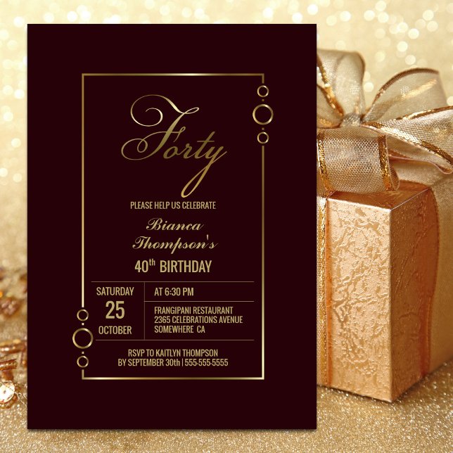 Modern Gold Border Burgundy 40th Birthday Party Invitation (Creator Uploaded)