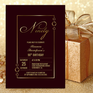 Modern Gold Border Burgundy 90th Birthday Party Invitation