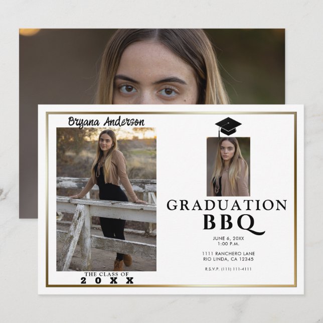 Modern Gold Border Graduation Photo BBQ Party  Invitation (Front/Back)