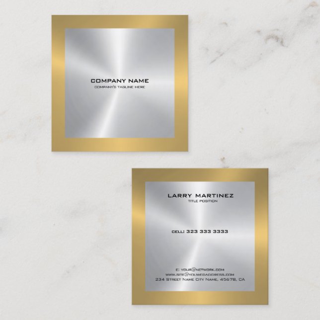 Modern Gold border on silver Square Business Card (Front/Back)