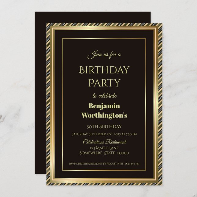 Modern Gold Border with Gold Stripes 50th Birthday Invitation (Front/Back)