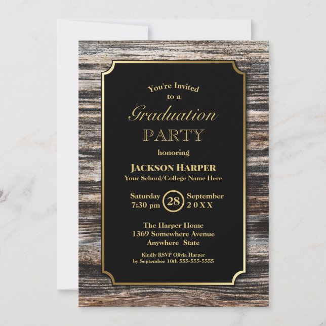 Modern Gold Border Wood Graduation Party Invitation (Front)