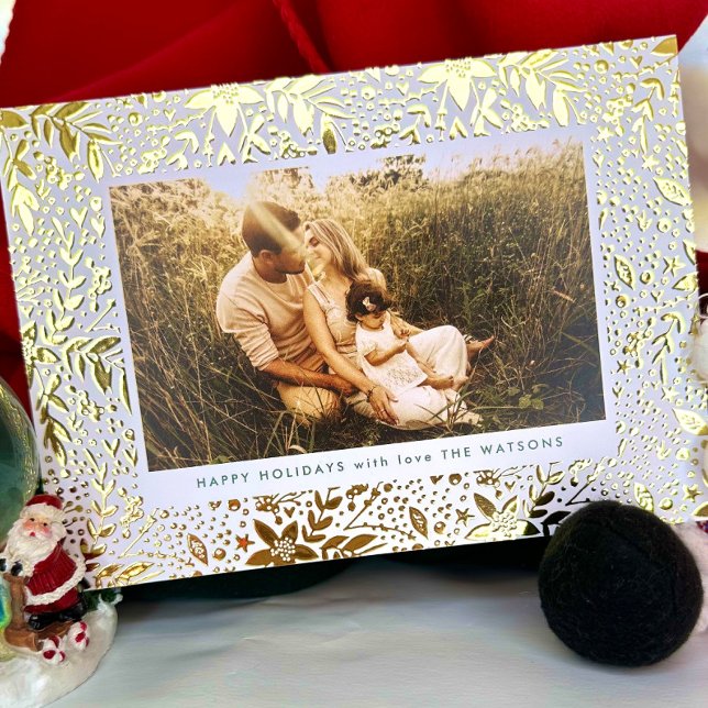Modern Gold Botanical Floral Frame Photo Happy Foil Holiday Card (Creator Uploaded)