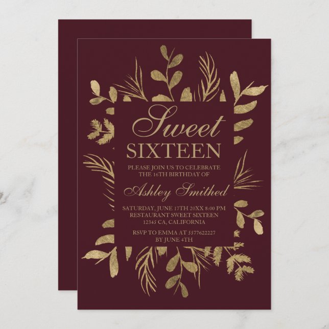 Modern gold botanical leaf red burgundy Sweet 16 Invitation (Front/Back)