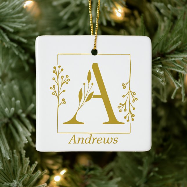 Modern Gold Botanical Letter A Personalised Ceramic Ornament (Tree)