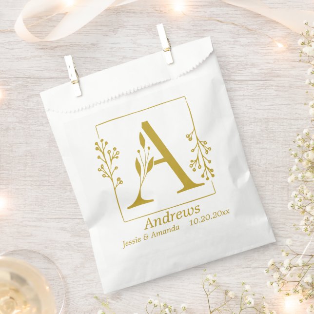 Modern Gold Botanical Letter A  Personalised   Favour Bag (Clipped)