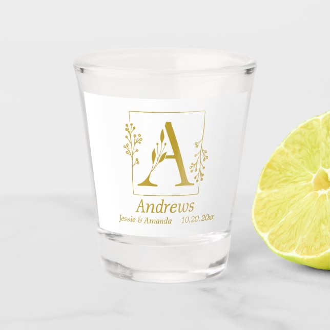 Modern Gold Botanical Letter A  Personalised  Shot Glass (Front)