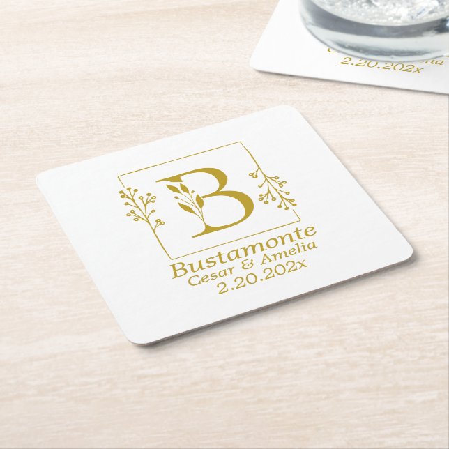 Modern Gold Botanical Letter B    Square Paper Coaster (Angled)