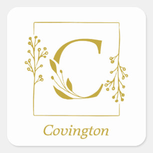 Modern Gold Botanical Letter C Square Sticker