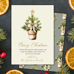 Modern Gold Bow Neutral Watercolor Christmas Holiday Card