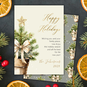 Modern Gold Bow Watercolor Christmas Tree Happy Holiday Card