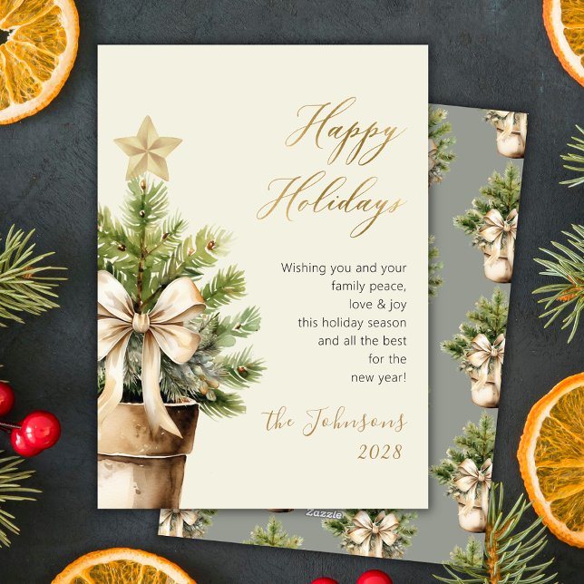 Modern Gold Bow Watercolor Christmas Tree Happy Holiday Card (Creator Uploaded)