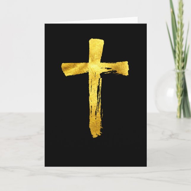 Modern Gold Brush Cross - Christian Crucifix Holiday Card (Front)