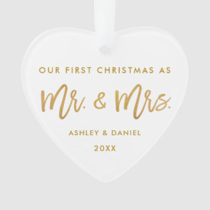 Modern Gold Brush Script First Christmas Mr. Mrs. Ornament