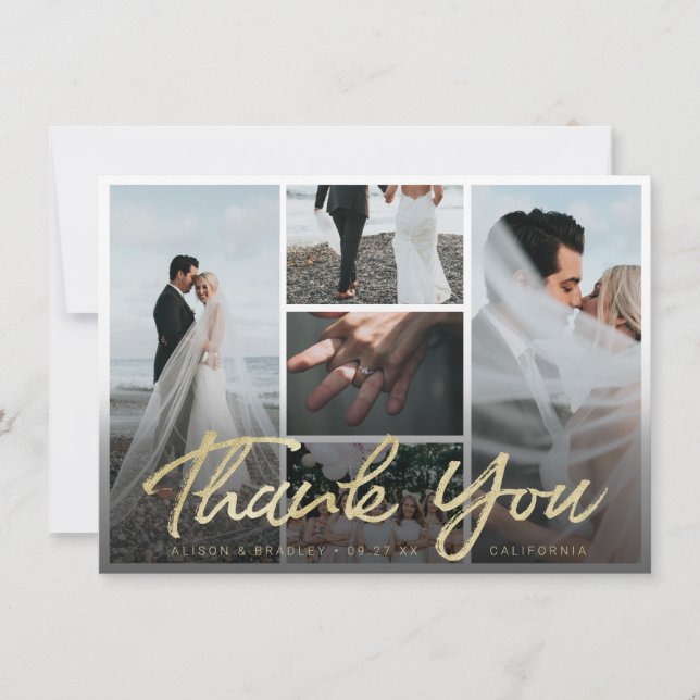 Modern Gold Brush Script Typography with Photos Thank You Card (Front)