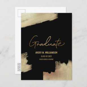 Modern Gold brush stroke black Graduate name  Announcement Postcard