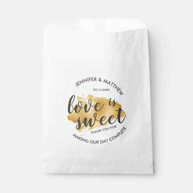 Modern Gold Brush Stroke Love is Sweet Wedding Favour Bag (Front)
