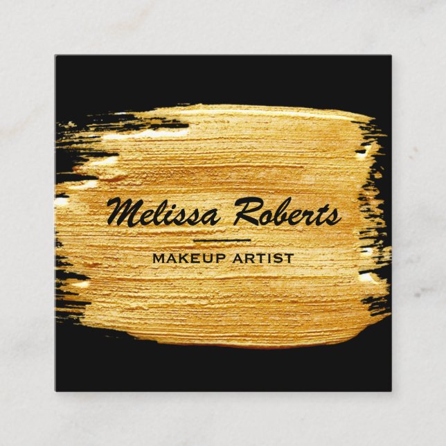 Modern Gold Brush Stroke Make Up Artist Square Business Card (Front)
