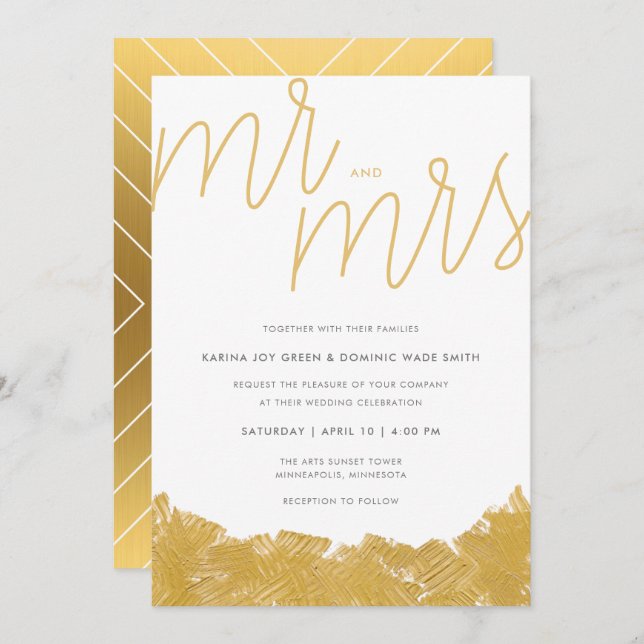 Modern Gold Brush Stroke Wedding Invitation (Front/Back)