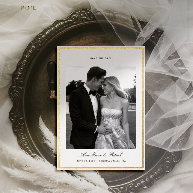Modern Gold Brushed Frame Photo Wedding Save Date (wedding photo save the date gold brushed frame formal modern classic elegant calligraphy)