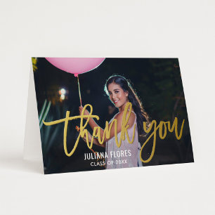 Modern Gold Brushed Script Graduation Photo Thank Foil Greeting Card