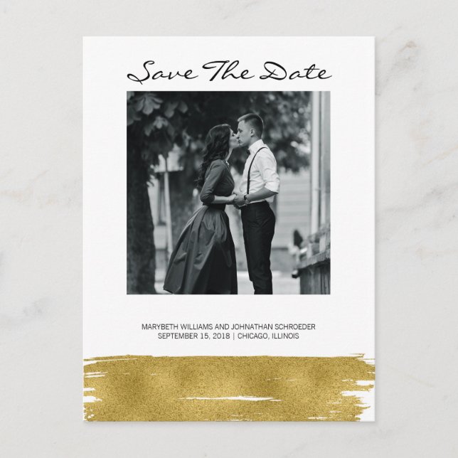 Modern Gold Brushstroke Save The Date Postcard (Front)