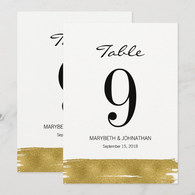 Modern Gold Brushstroke Wedding Table Number Card (Front/Back)