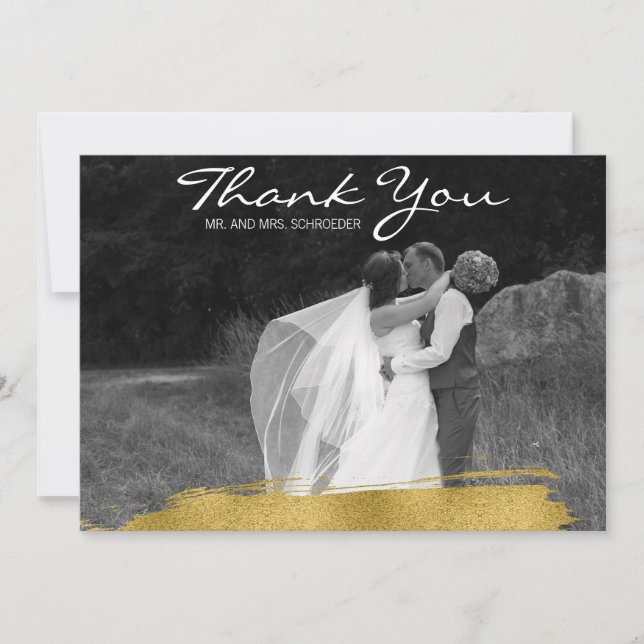 Modern Gold Brushstroke Wedding Thank You Card (Front)