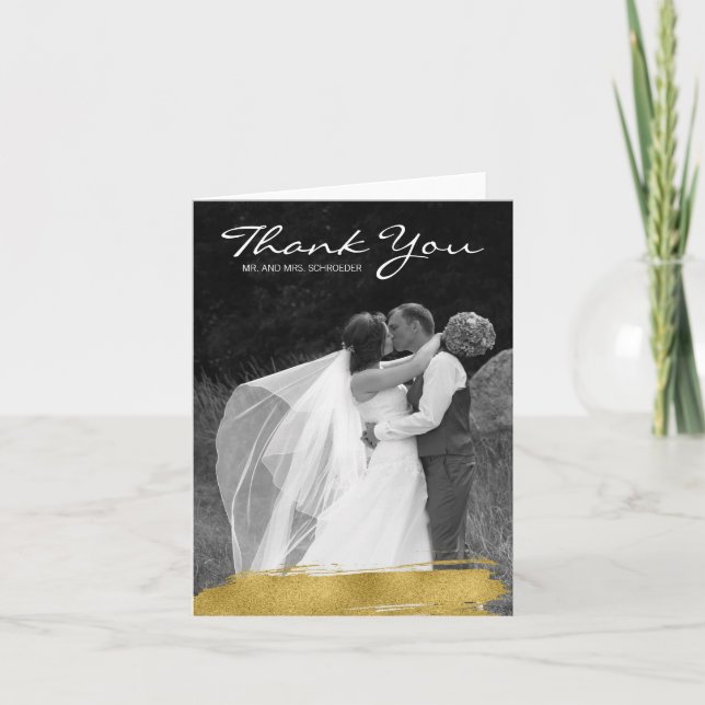 Modern Gold Brushstroke Wedding Thank You Card (Front)