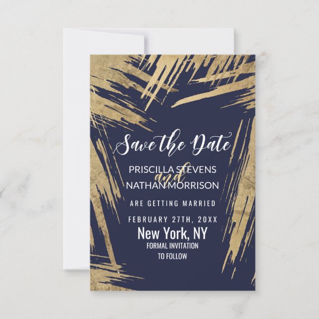 Modern Gold Brushstrokes Navy Blue Chic Save The Date (Front)