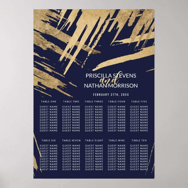 Modern Gold Brushstrokes Navy Blue Seating Chart (Front)