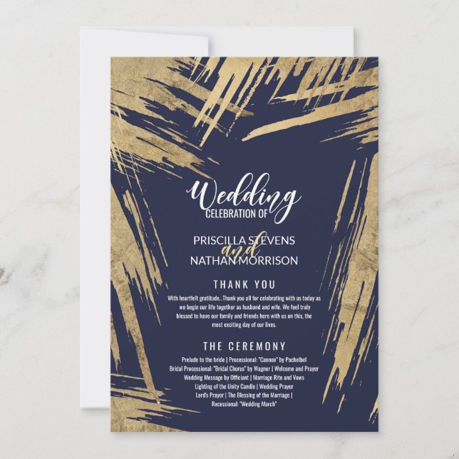 Modern Gold Brushstrokes Navy Blue Wedding Program (Front)