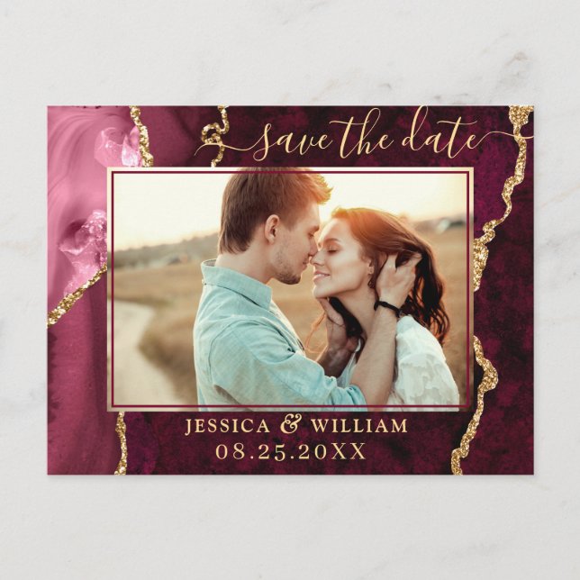 Modern Gold Burgundy Agate PHOTO Save the Date Postcard (Front)