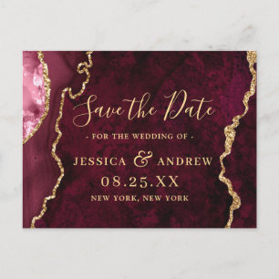 Modern Gold Burgundy Agate Wedding Save the Date Postcard